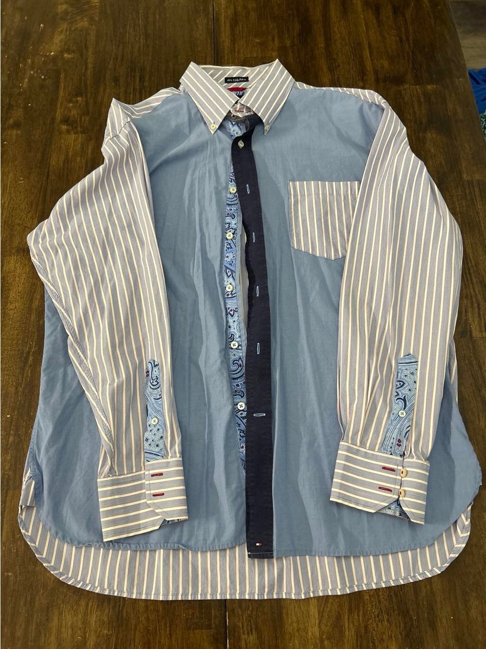 Tommy Hilfiger Blue Mixed-Stripe Button-Up Shirt with Navy Placket